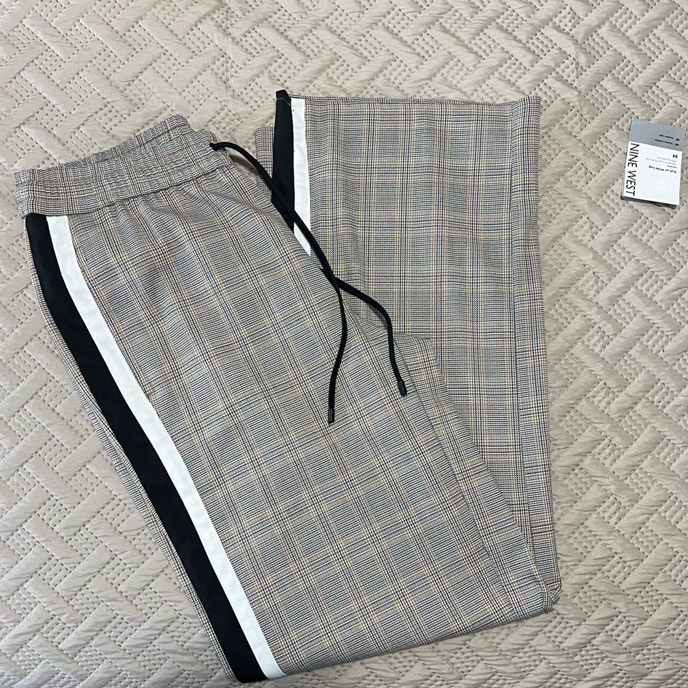 Nine West Plaid Wide Leg MidRise Drawstring Waist Trouser Pants size Medium